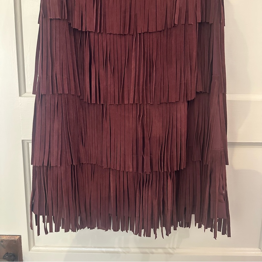 Olivia Palermo+Chelsea 28 Fringe Suede Leather Mini Dress XS Burgundy/Wine EUC - Picture 5 of 13